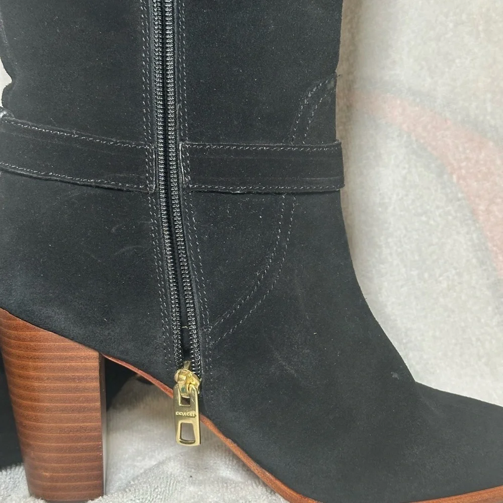 Coach Beverly Calf Black Suede Heeled Boots with Buckle Detail Size 7.5